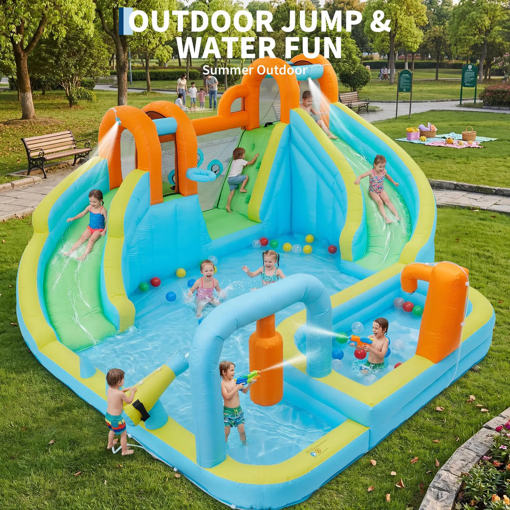 15.9x14FT Inflatable Bounce House 10-In-1 Wet Dry Water Slide With 550W Blower Kids Jumping Castle Splash Pool For Backyard