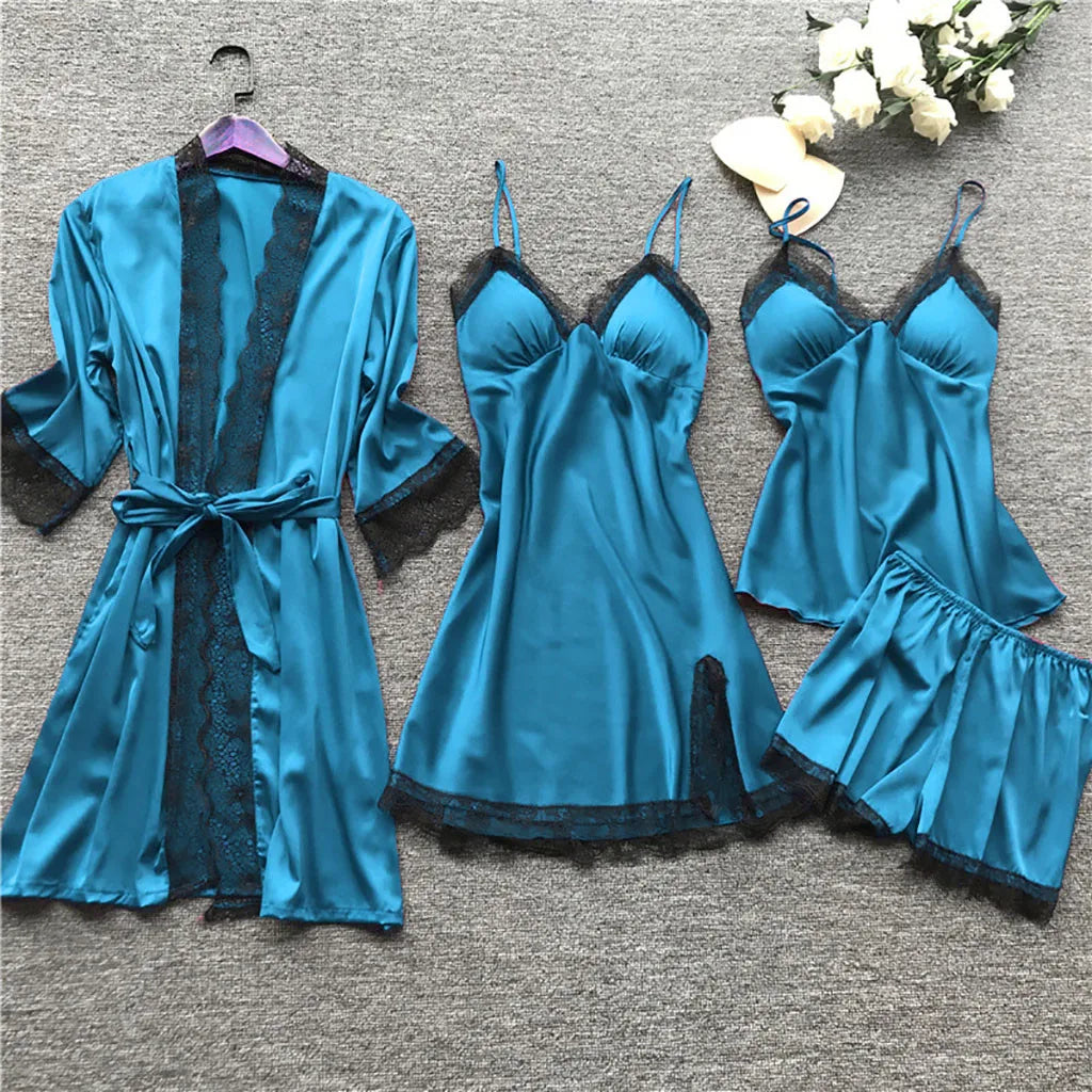 Silk Dress Robe Sleepwear Pajamas Set Lace Nightdress