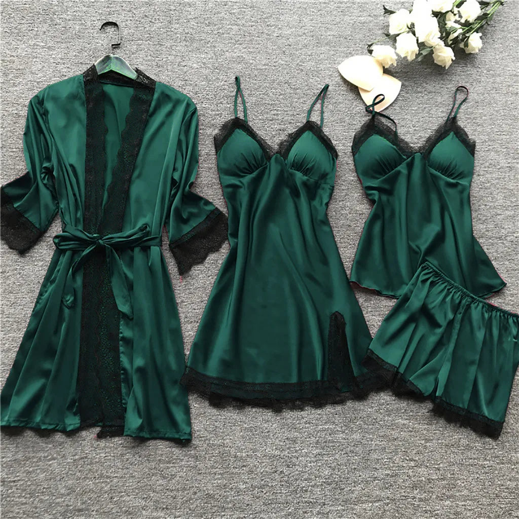 Silk Dress Robe Sleepwear Pajamas Set Lace Nightdress