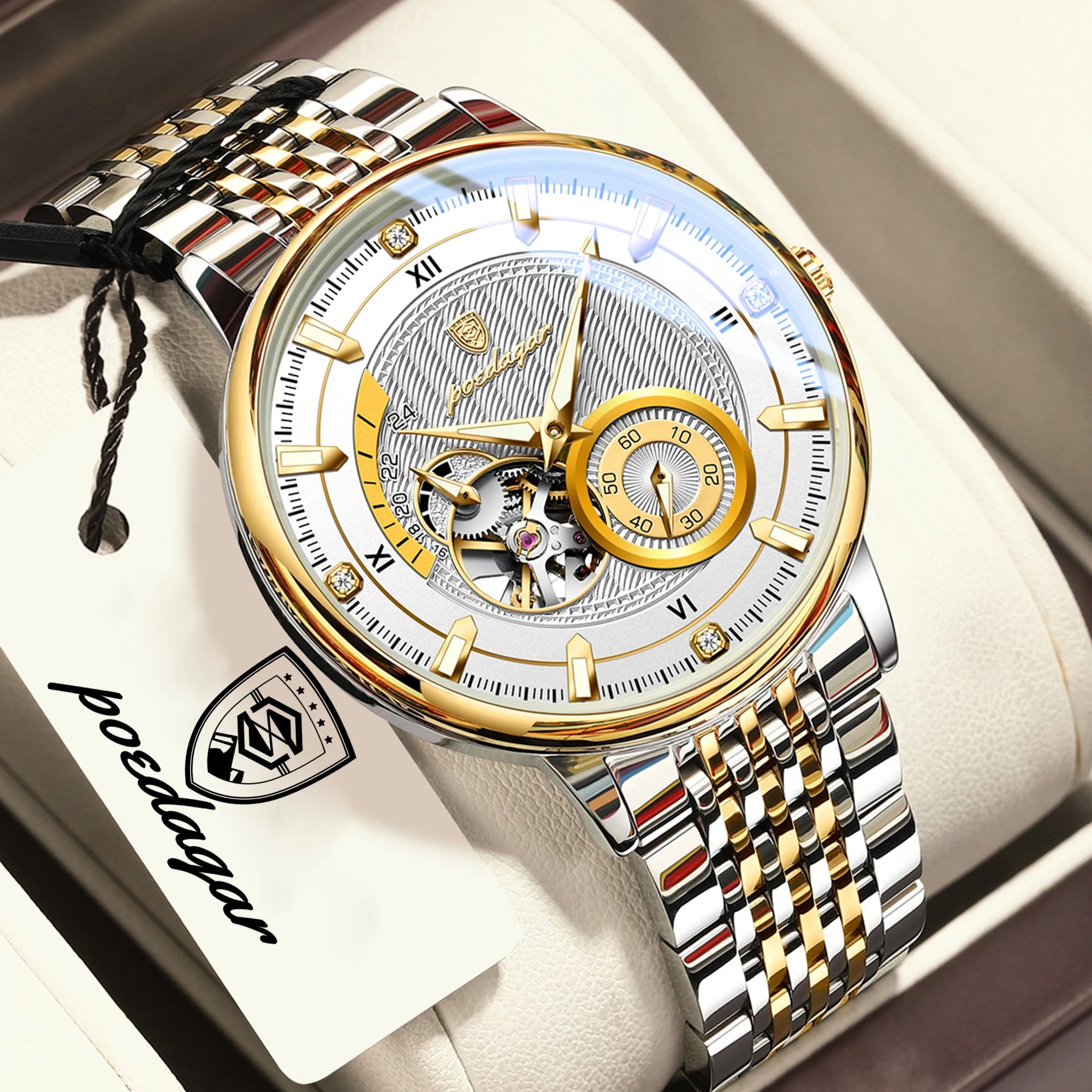 POEDAGAR Luxury Man Watch Stainless Steel Hollow Tourbillon Men Clock Luminous Mechanical Automatic Business Men's Watches Reloj