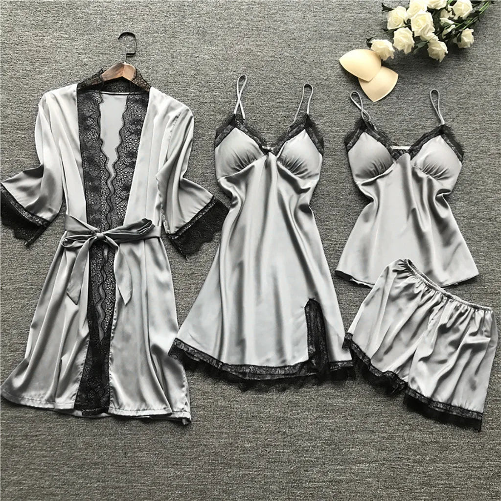 Silk Dress Robe Sleepwear Pajamas Set Lace Nightdress