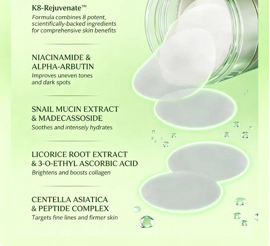 Toning Polish Pads - Korean Skincare for Dark Spots, Wrinkles & Dull Skin - Hydrating Facial Treatment with Snail  Peptides