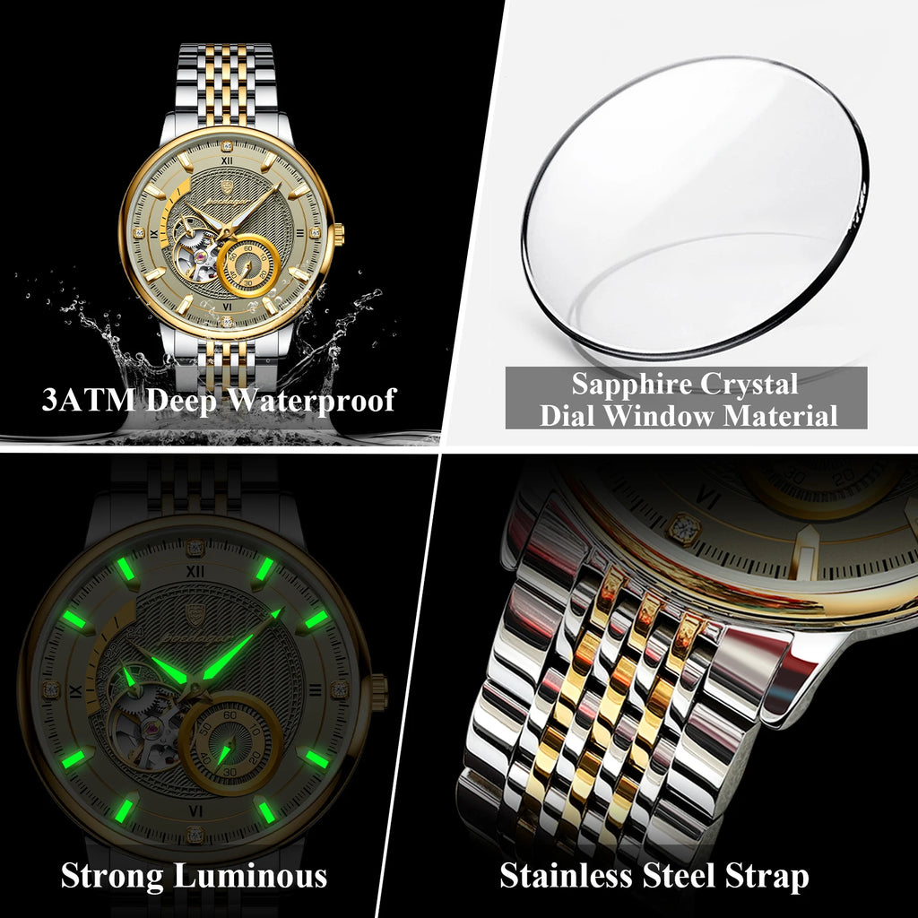 POEDAGAR Luxury Man Watch Stainless Steel Hollow Tourbillon Men Clock Luminous Mechanical Automatic Business Men's Watches Reloj